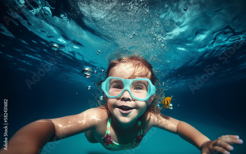 Young girl swimming underwater with goggles, capturing the joy and adventure of childhood summers.