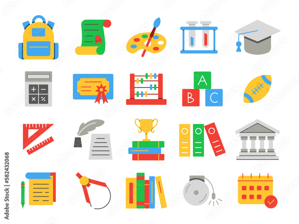 Back to school. Fun children icons. Football ball. Book and paper notepad. Education reward. Graduation hat. Student cards. Paint palette. Stationery and backpack. Vector color symbols set Back to school. Fun children icons. Football ball. Book and paper notepad. Education reward. Graduation hat. Student cards. Paint palette. Stationery and backpack. Vector color symbols set
