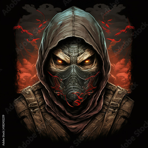 ninja skull on black background generative ai