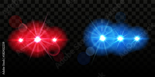 Blue and red siren lamp blink. Security blinding lights in dark. Automobile flare. Bright flash for law cop or police car. Lanterns glow. Emergency beacon. Vector realistic background