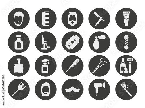 Barbershop symbols. Barber tools. Hair cutting silhouette icons. Beauty salon supply. Man fashion hairstyling. Hipster care supply. Cosmetic bottle and brush. Vector circle pictograms set