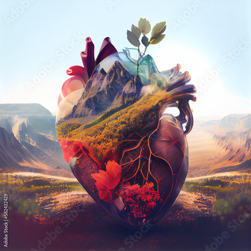 Beautiful anatomic heart with nature double exposure. Conceptual image. Generative ai