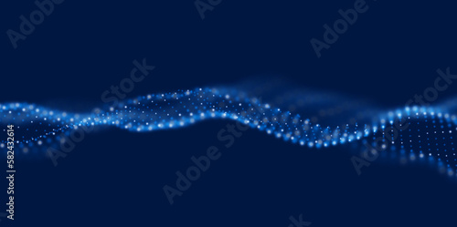 Dynamic blue particle wave. Abstract sound visualization. Flow digital structure. Mesh landscape or grid data technology.