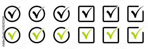 Check mark icon set on white background. Tick black symbol. Vector illustration.