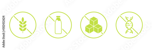 Forbidden allergy product icons. No gluten, lactose, sugar, GMO. Healthy food. Vector illustration.