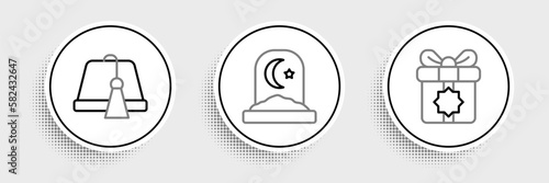 Set line Gift box, Turkish hat and Muslim cemetery icon. Vector