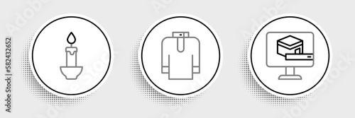 Set line Kaaba mosque, Burning candle and Shirt kurta icon. Vector