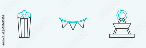 Set line Attraction carousel, Popcorn in cardboard box and Carnival garland with flags icon. Vector