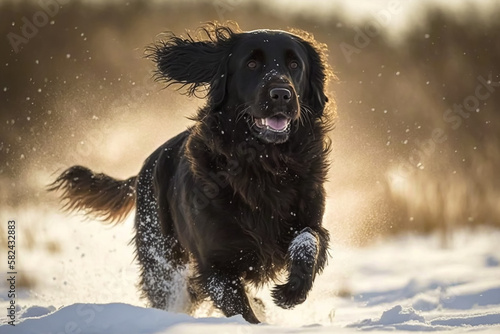 Flat-coat retriever playing in the snow. Generative AI photo