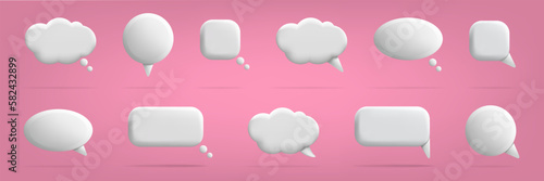 3d speech bubbles for chat messages with copy space. Conversation talk elements, white comments, dialog objects, communication round and square balloon. Vector banner isolated icons set