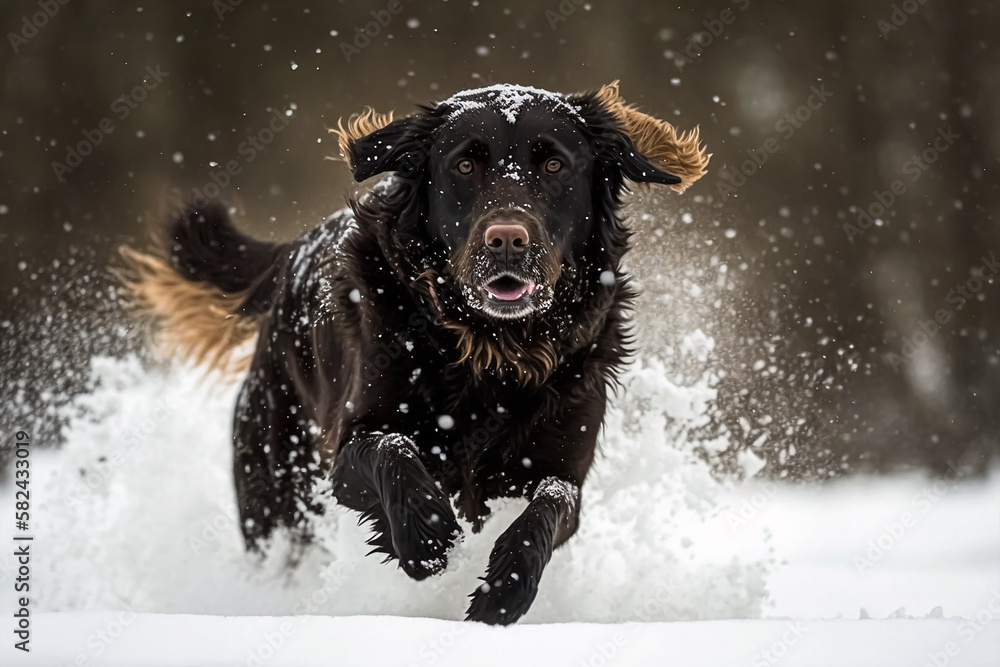Flat-coat retriever playing in the snow. Generative AI Flat-coat retriever playing in the snow. Generative AI