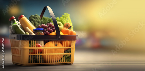 Shopping basket with fresh food on blur background grocery supermarket for design banner  ads  covers  and invitation. Copy space. Generative AI
