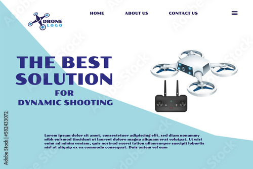 Drone service. Smart aerial city delivery box with quadcopter, innovation parcel packaging in sky. Remote control flying copter landing page template, 3d element. Vector illustration banner