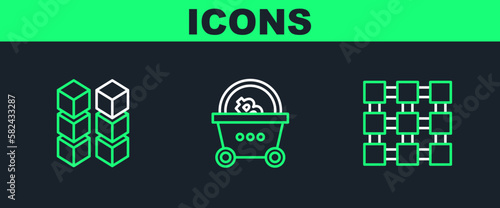 Set line Blockchain technology, and Shopping basket with bitcoin icon. Vector