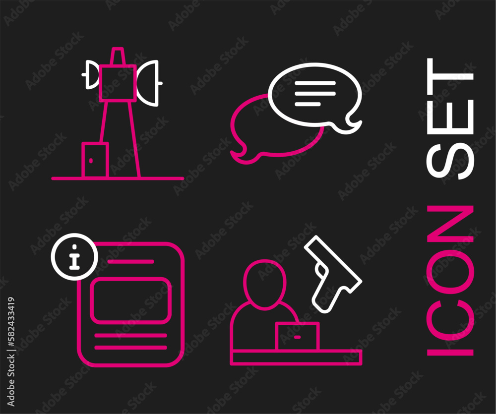 Set line Crime news, Information, Speech bubble chat and Antenna icon. Vector Set line Crime news, Information, Speech bubble chat and Antenna icon. Vector