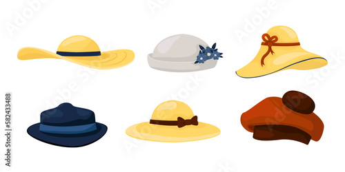 Hats for men and women. Fashion clothing. Vintage caps and panamas. Ladies and gentlemen head wearing collection. Summer and autumn accessories. Retro headdress. Vector headwear set