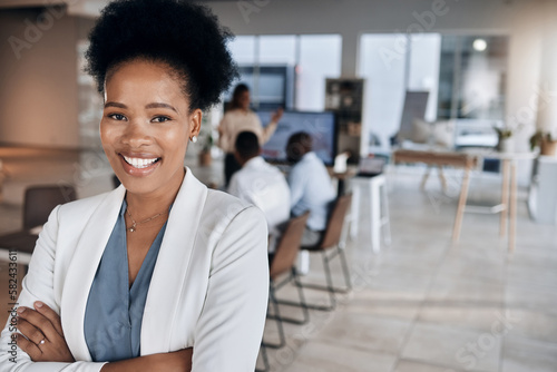 Meeting, black woman portrait and happy business manager in a conference room with mockup. Leader success, management and proud ceo with workplace teamwork strategy and company worker vision