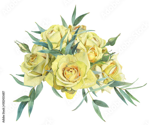 Watercolor bouquet with yellow roses and long eucalyptus