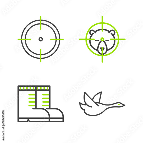 Set line Flying duck, Hunter boots, on bear with crosshairs and Target sport for shooting competition icon. Vector
