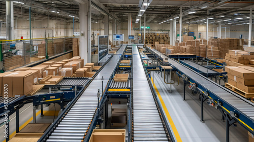 Streamlining Packaging, Factory Assembling Conveyor Lines and Boxes, Generative AI © BPawesome
