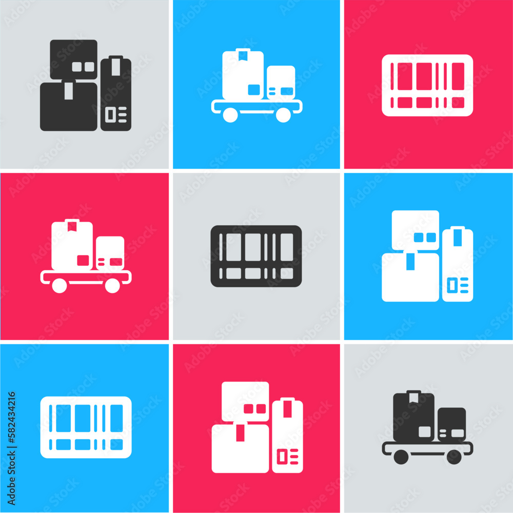 Set Cash register machine, Hand truck and boxes and Barcode icon. Vector Set Cash register machine, Hand truck and boxes and Barcode icon. Vector