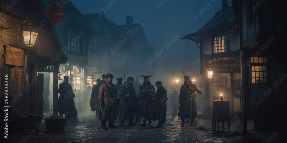 Medieval bandits brandishing weapons, plotting a robbery in a medieval town at night. Thieves Medieval bandits brandishing weapons, plotting a robbery in a medieval town at night. Thieves