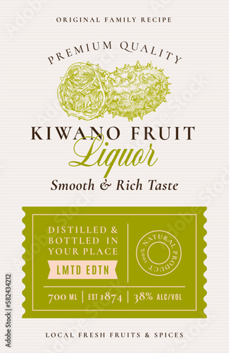 Family Recipe Kiwano Liquor Acohol Label. Abstract Vector Packaging Design Layout. Modern Typography Banner with Hand Drawn Fruit Silhouette Logo and Background. Isolated