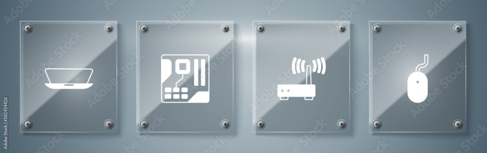 Set Computer mouse, Router and wi-fi signal, Motherboard digital chip and Laptop. Square glass panels. Vector Set Computer mouse, Router and wi-fi signal, Motherboard digital chip and Laptop. Square glass panels. Vector