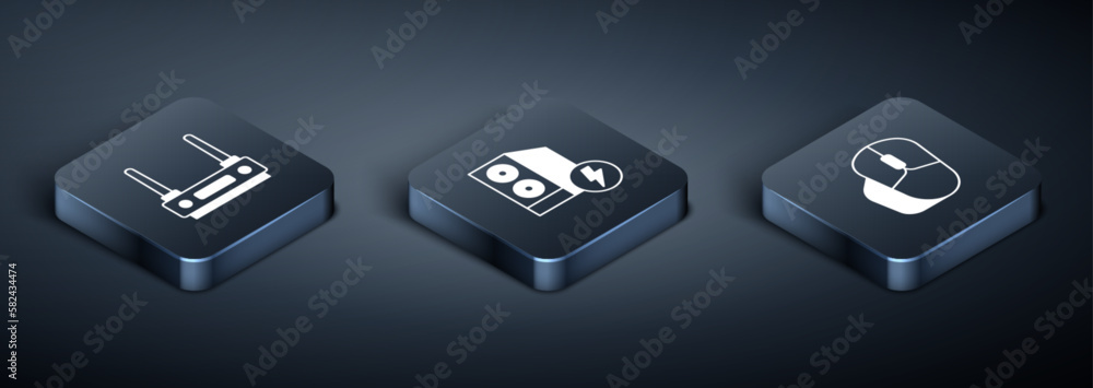 Set Isometric Router and wi-fi signal, Computer mouse and Case of computer icon. Vector Set Isometric Router and wi-fi signal, Computer mouse and Case of computer icon. Vector