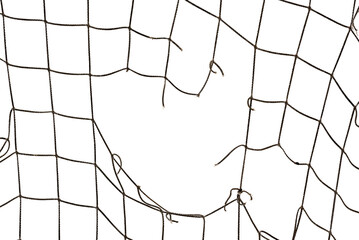 Football or tennis net. Torn rope mesh with holes on a white background close-up.