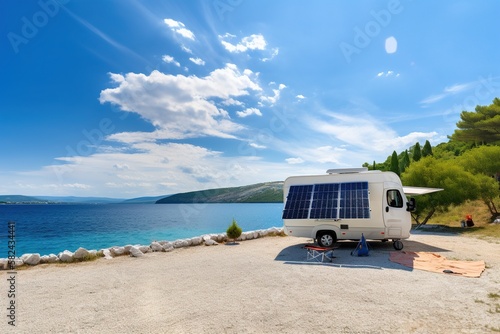Portable Solar Panel and Battery Powered Camper Van on a seashore, AI Generative
