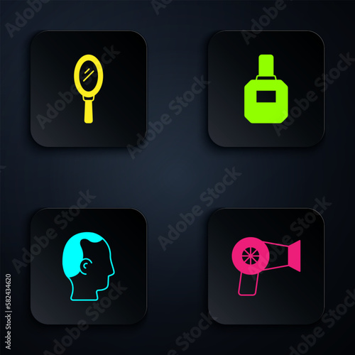 Set Hair dryer, Hand mirror, Baldness and Aftershave. Black square button. Vector