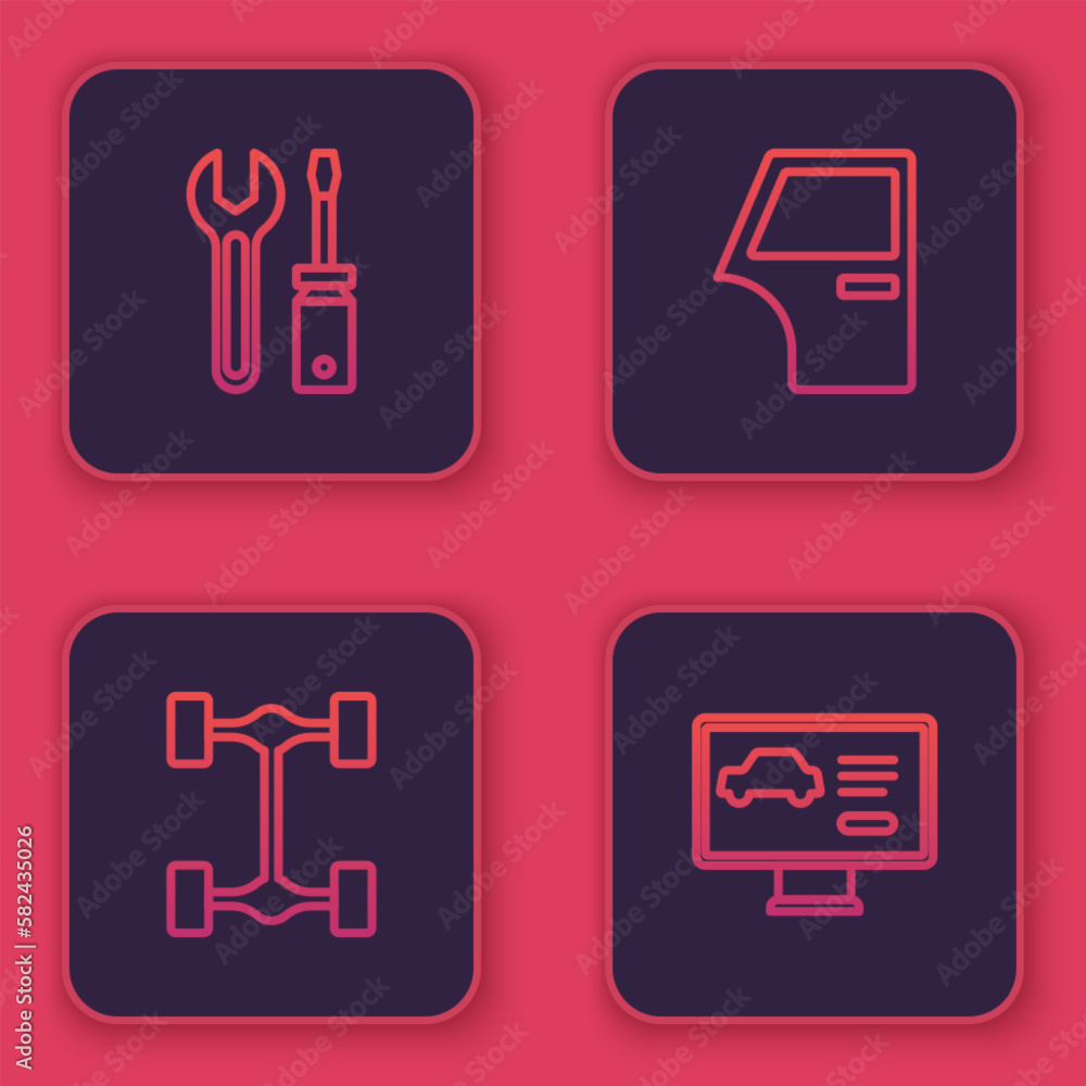 Set line Screwdriver and wrench spanner, Chassis car, Car door and Diagnostics condition of. Blue square button. Vector Set line Screwdriver and wrench spanner, Chassis car, Car door and Diagnostics condition of. Blue square button. Vector