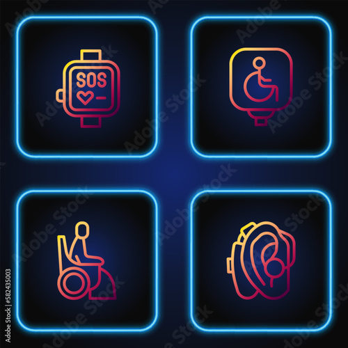 Set line Hearing aid, Woman wheelchair, Smart watch and Disabled. Gradient color icons. Vector