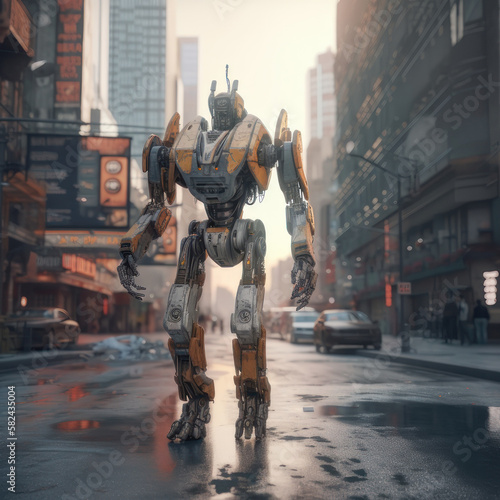 The robot is walking along the road in the city. AI generative.
