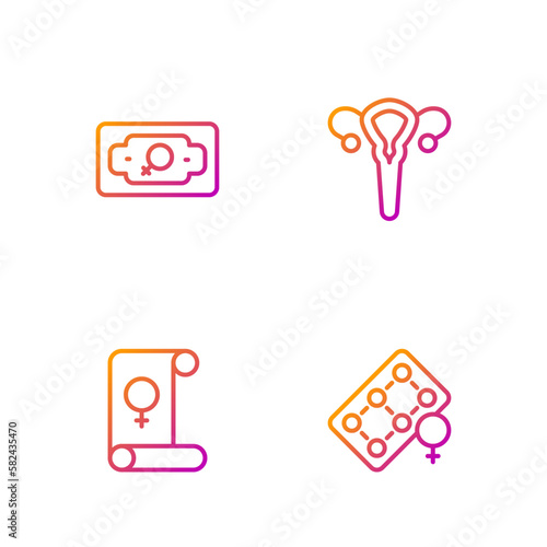 Set line Packaging of birth control pills, Feminism, Money growth woman and Female reproductive system. Gradient color icons. Vector