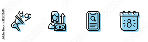 Set line Dating app, Feminist activist, Money growth woman and Calendar with 8 March icon. Vector
