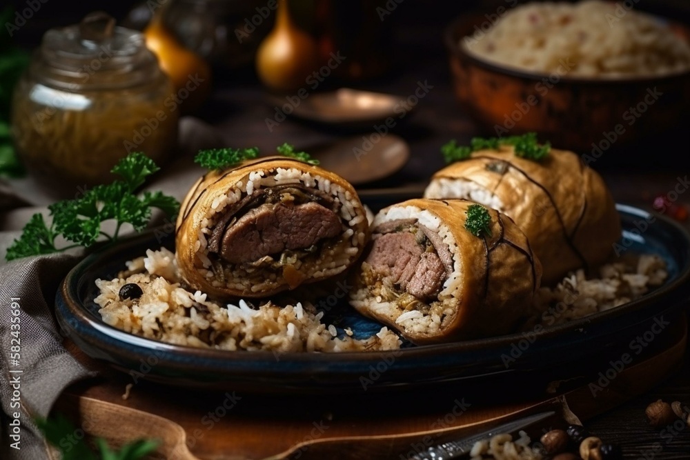 Ukrainian traditional dishes, Still life, zrazy - stuffed beef rolls filled with mushrooms, onions, and rice. Generative AI Ukrainian traditional dishes, Still life, zrazy - stuffed beef rolls filled with mushrooms, onions, and rice. Generative AI