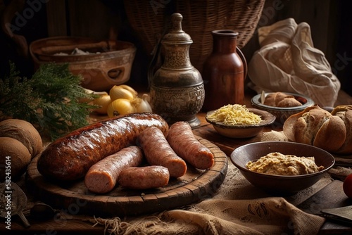 Ukrainian traditional dishes, Still life, kovbasa po-ukrainsky - Ukrainian-style sausage made with pork, garlic, and various spices, often served with mustard and rye bread. Generative AI