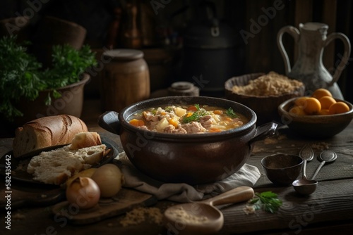 Ukrainian traditional dishes, Still life, kulesh - a thick soup made with pearl barley, potatoes, and meat. Generative AI