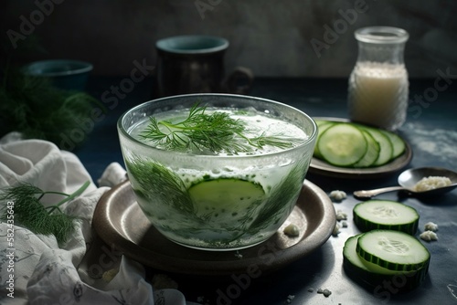 Ukrainian traditional dishes, Still life, studen - a cold soup made with kefir, cucumbers, and dill. Generative AI