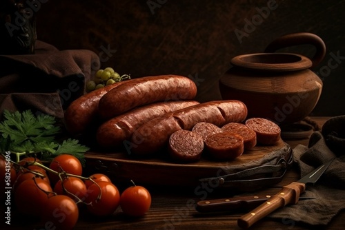 Ukrainian traditional dishes, Still life, kovbasa - smoked sausage made from pork or beef. Generative AI