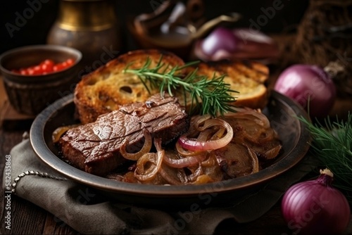 Ukrainian traditional dishes,Still life, zaporizhian sichenyky - thin slices of marinated beef or pork, grilled or fried and served with onions and potatoes. Generative AI photo