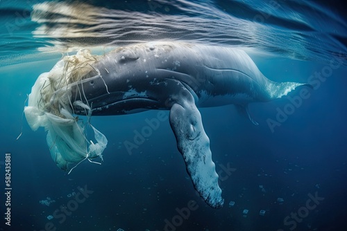 Whale trapped in plastic trash. Plastic pollution in ocean environmental problem. Generative AI