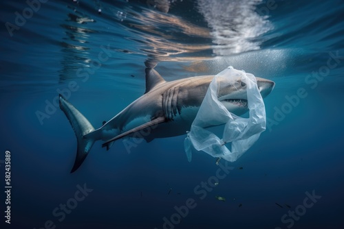 Plastic pollution in ocean environmental problem. Sharks can eat plastic bags or get trapped in them. Generative AI