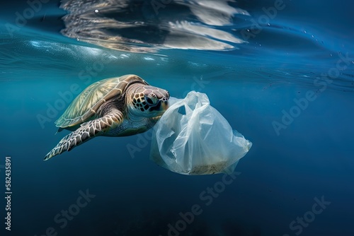 Sea turtle surrounded by a plastic bag under the sea. Sea turtle may try to eat it. Plastic pollution. Generative AI © Alexandre