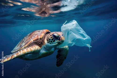 Sea turtle surrounded by a plastic bag under the sea. Sea turtle may try to eat it. Plastic pollution. Generative AI © Alexandre