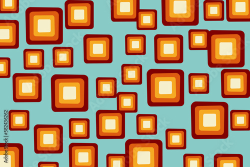 Retro Muster mit Quadraten in Braun- und Beigetönen auf türkisfarbenem Hintergrund.