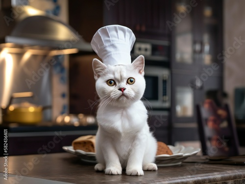 Portrait of a white british shorthair cat as a chef