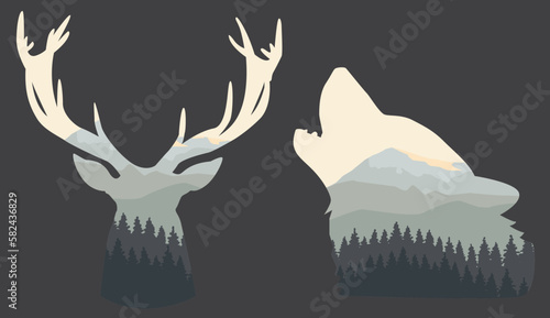 Wolf and deer silhouettes with mountain landscape inside. Vector illustration in gray shades